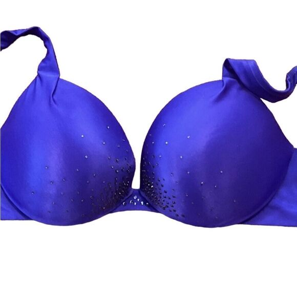 VICTORIAS SECRET- Plunge Satin Midnight Blue W/ Rhinestones Padded Bra, Size 34D - Picture 6 of 12